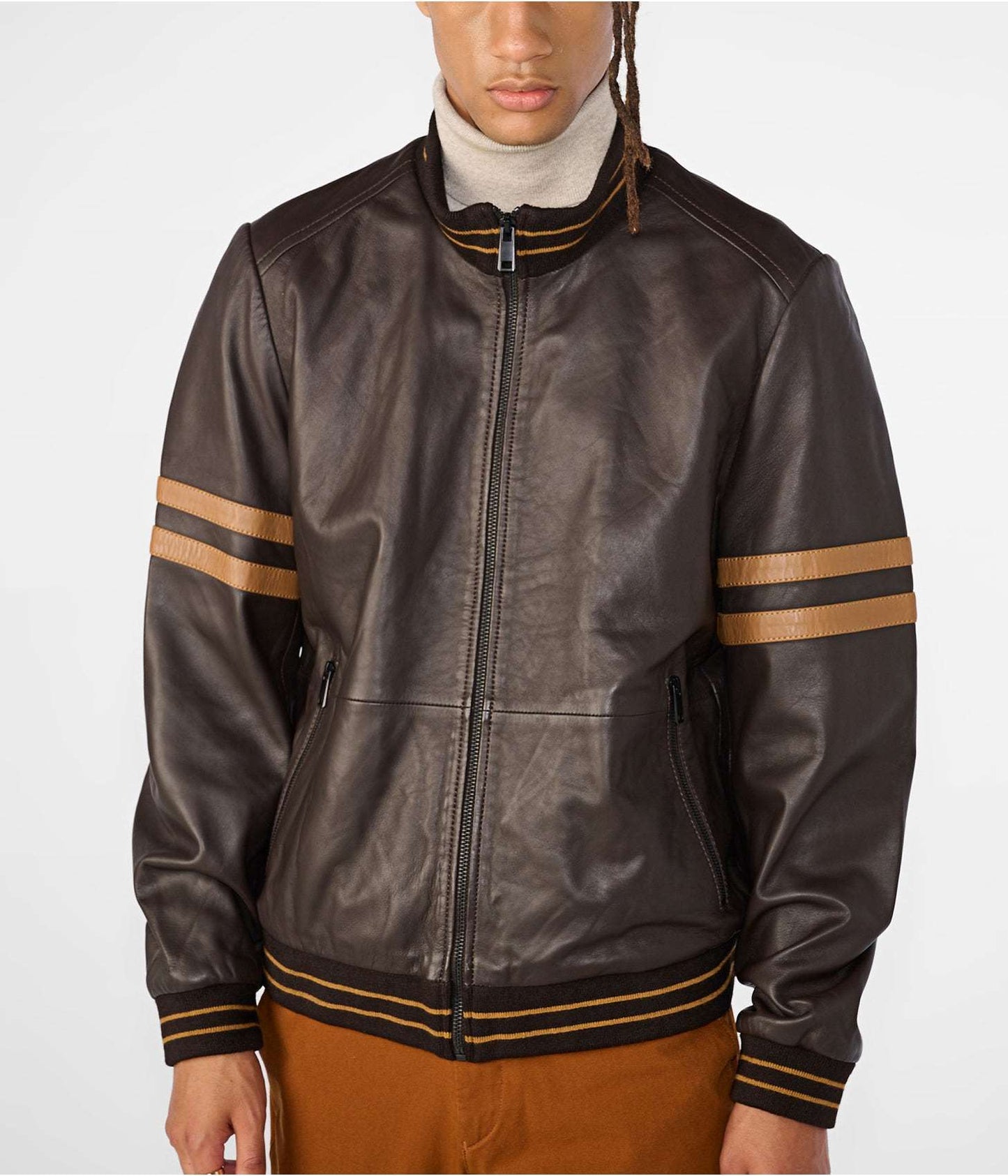 Men's Leather Bomber Jacket In Dark Brown With Straps