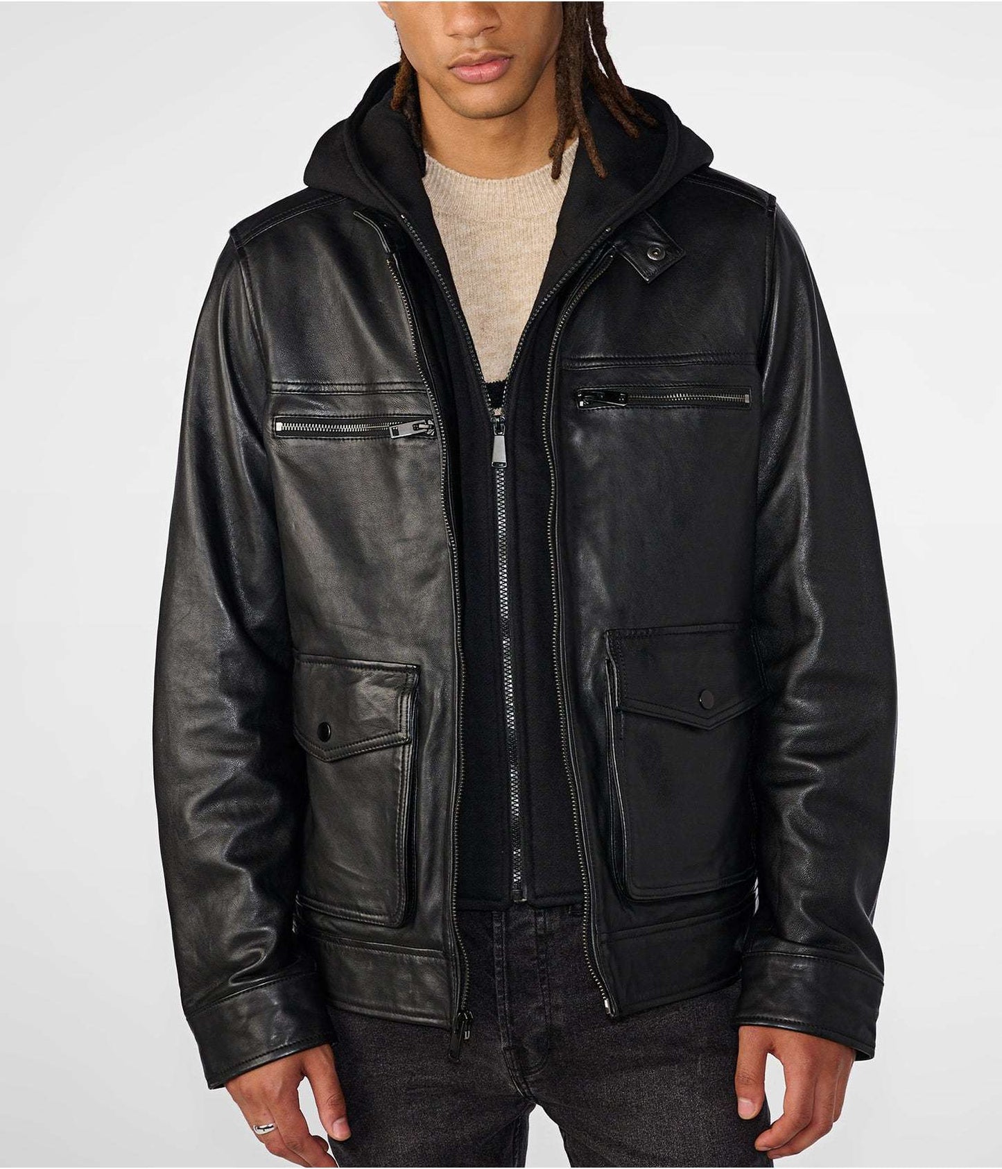 Men's Leather Harrington Moto Jacket In Black