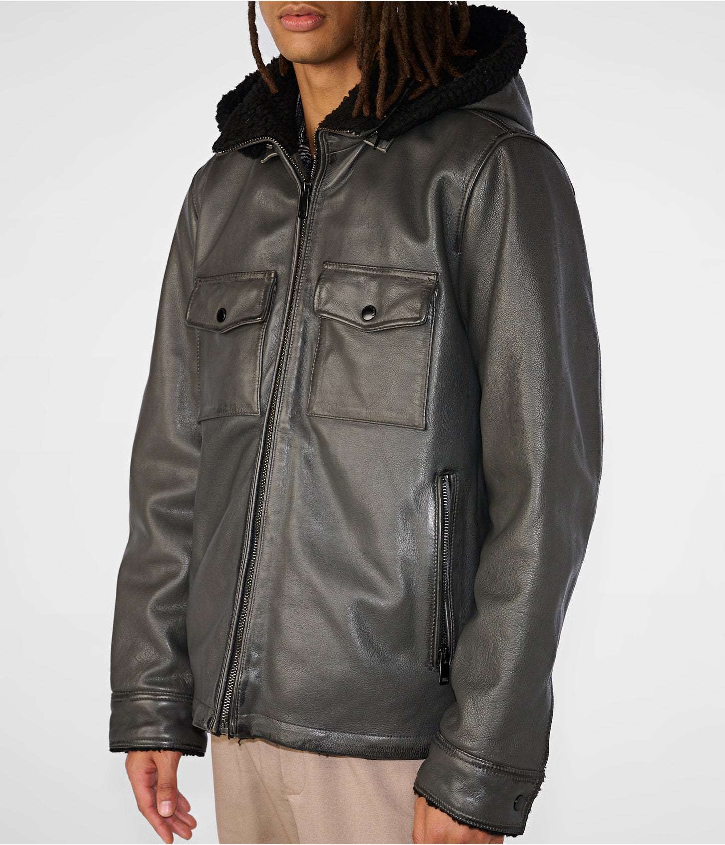 Men's Leather Harrington Shearling Jacket In Gray