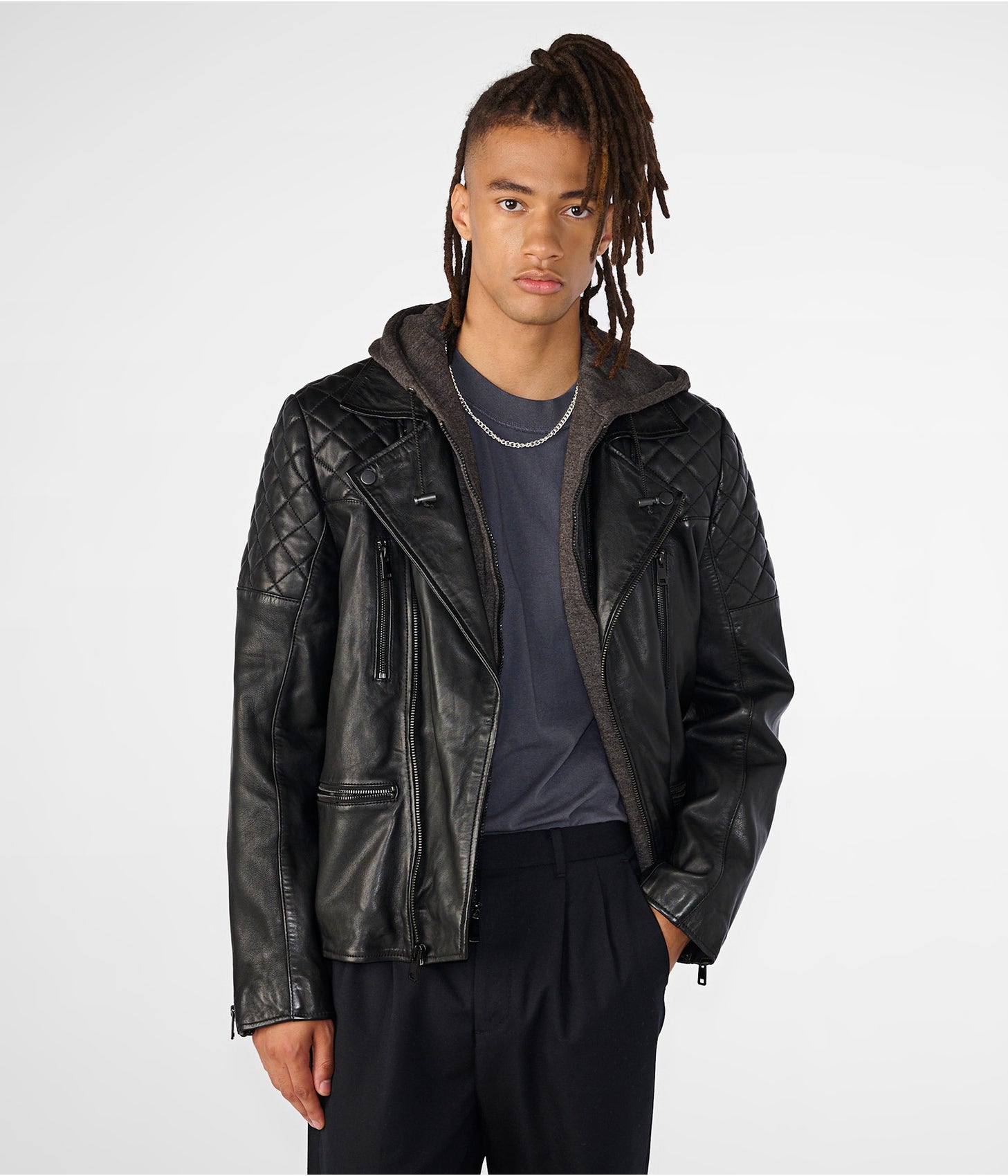 Men's Leather Removable Hood Moto Jacket In Black