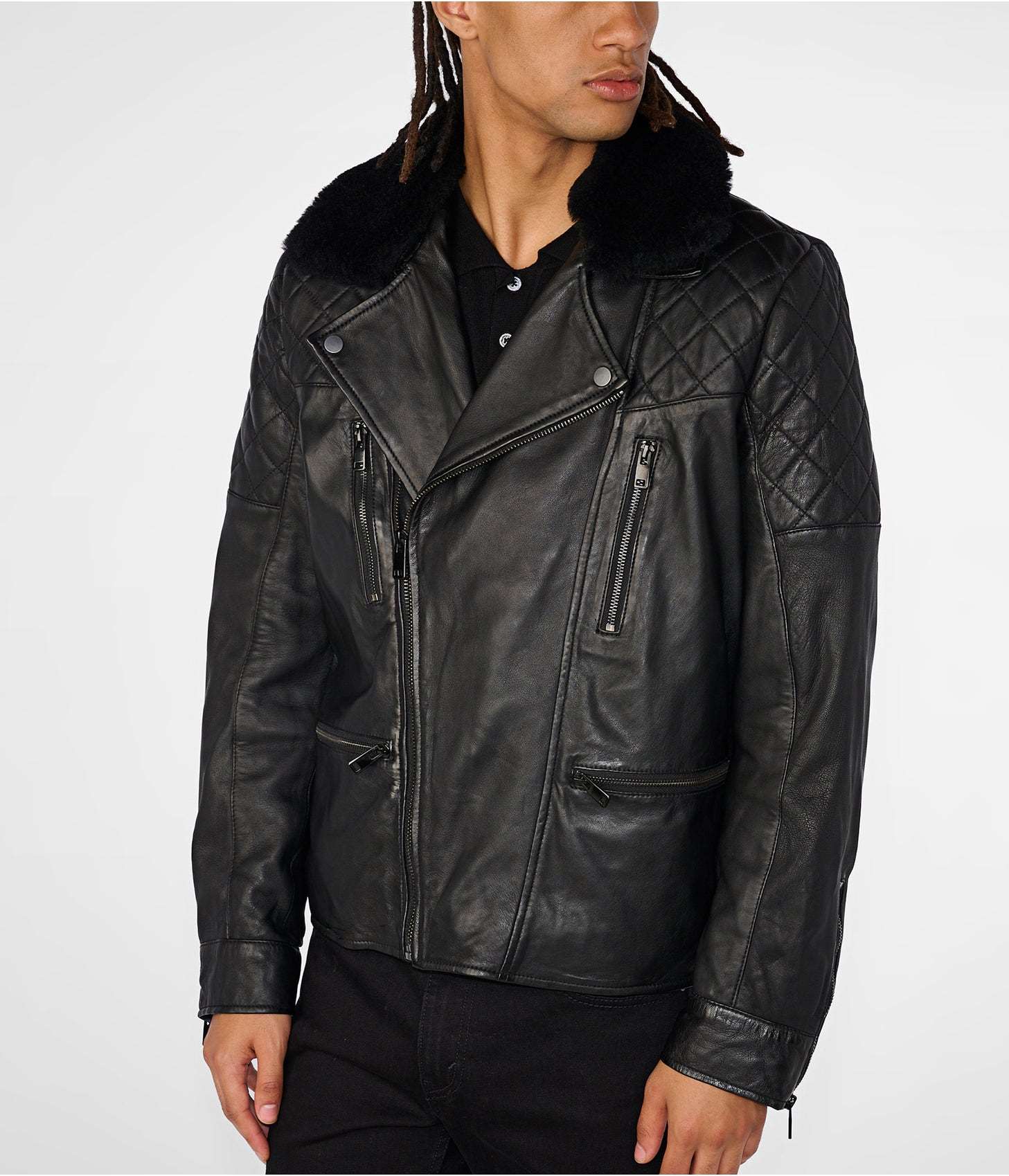 Men's Leather Shearling Biker Jacket In Black