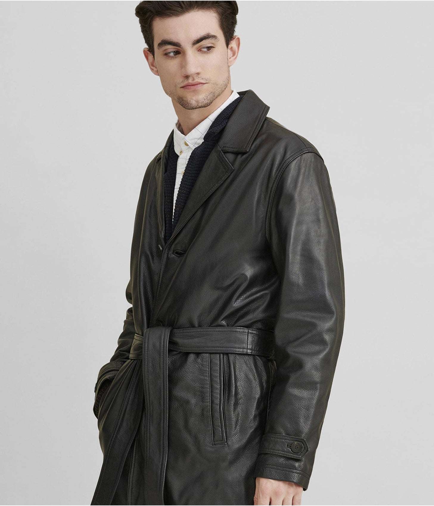 Men's Leather Trench Coat In Black With Belt