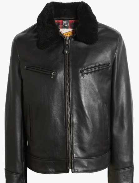 Men's Sheepskin Leather Jacket In Black With Removable Shearling Collar