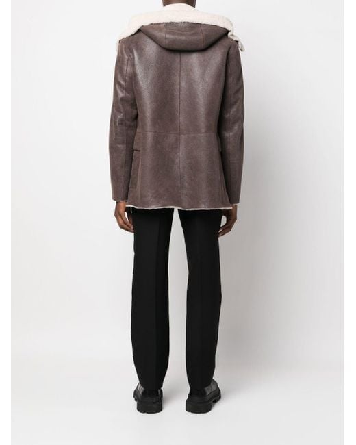 Men's Sheepskin Leather Jacket In Brown With Hood