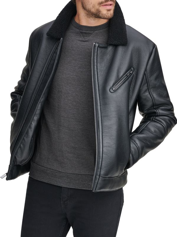 Men's Sheepskin Leather Jacket In Black