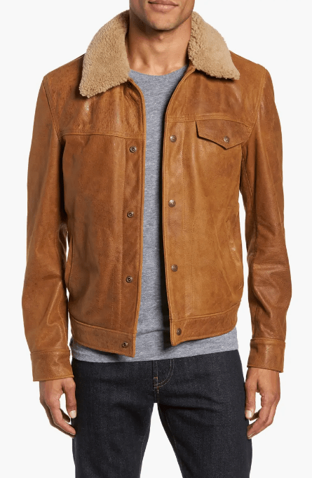 Men's Sheepskin Leather Jacket In Brown