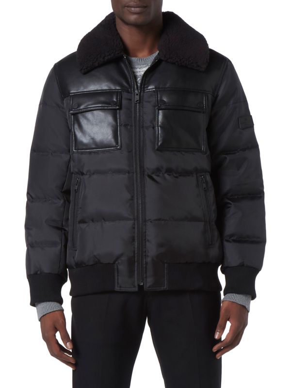 Men's Sheepskin Puffer Leather Jacket In Black