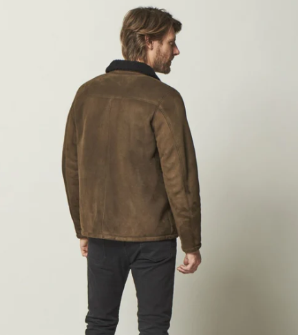 Men's Sheepskin Trucker Jacket in Dark Brown