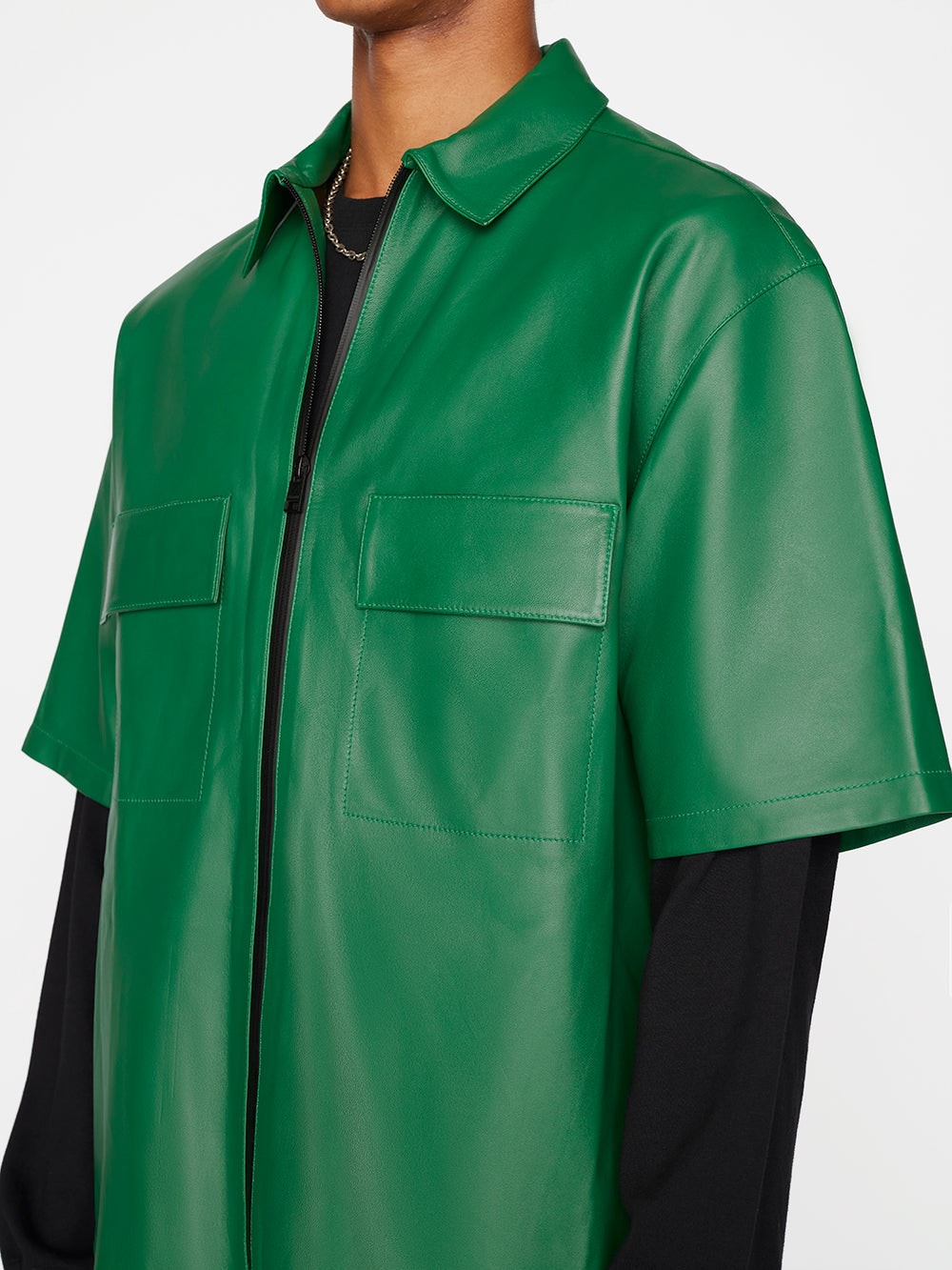 Men's Short Sleeve Leather Shirt In Dark Green