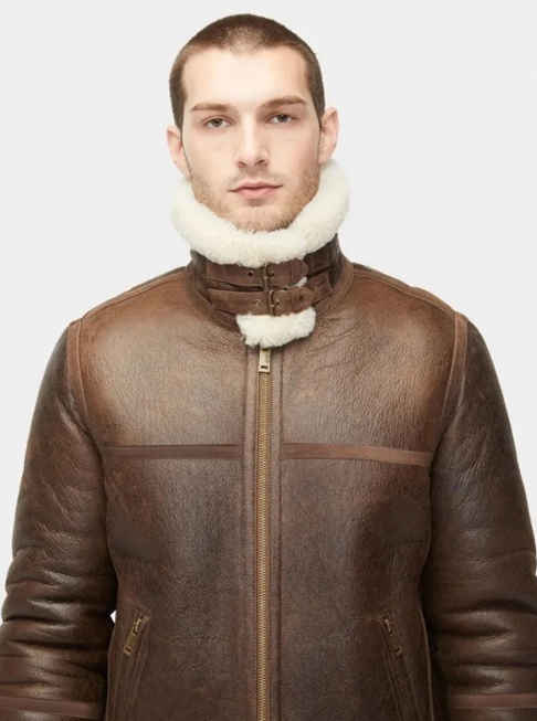 Men's White Fur Sheepskin Jacket In Dark Brown