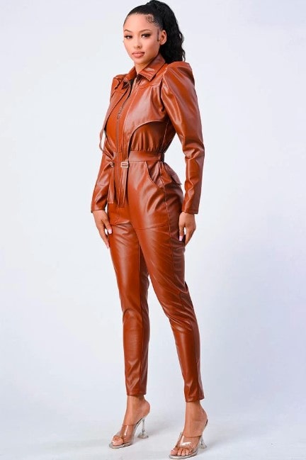 Women's Leather Jumpsuit In Brown