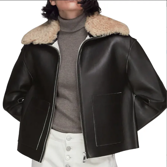Women's Brown Sheepskin Fur Leather Jacket In Black