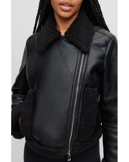 Women's Shearling Biker Leather Jacket In Black