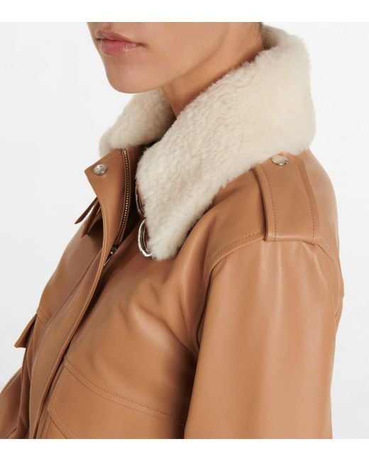 Women's Shearling Bomber Leather Jacket in Tan Brown