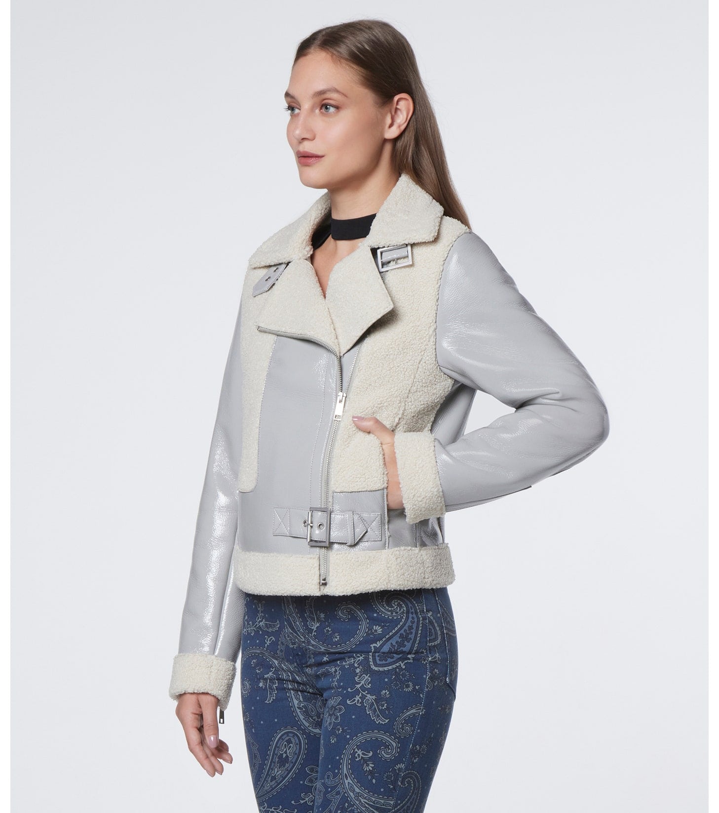 Women's Shearling Leather Jacket In Pearl Blue