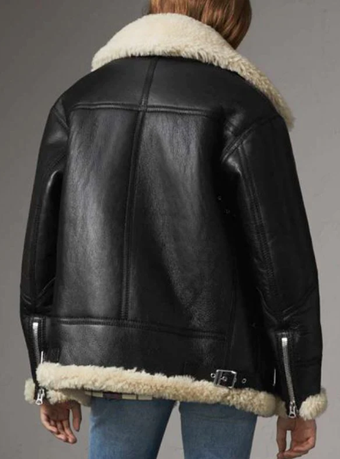 Women's Sheepskin Biker Leather Jacket In Black