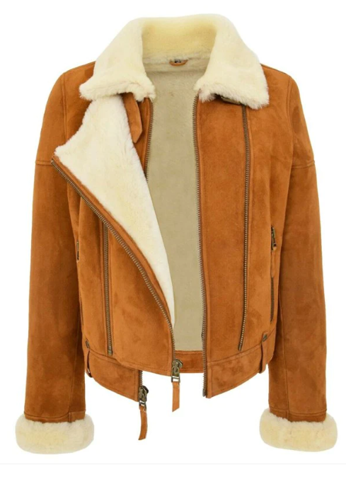 Women's Sheepskin Biker Leather Jacket In Brown
