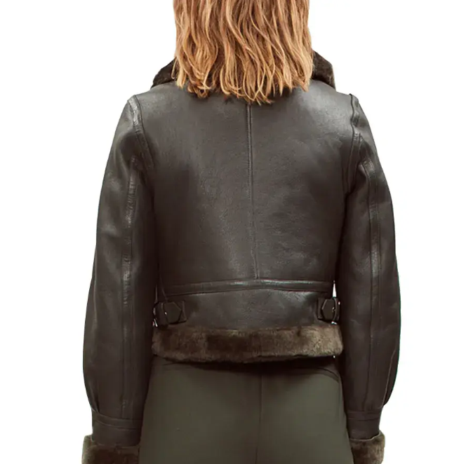 Women's Sheepskin Bomber Aviator Leather Jacket In Black
