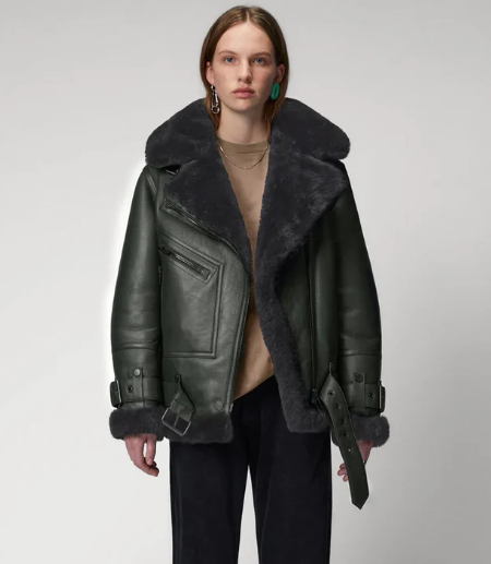 Women's Sheepskin Biker Leather Jacket In Khaki Arcane Fox