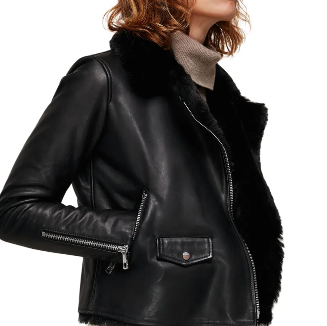 Women's Sheepskin Fur Biker Leather Jacket In Black