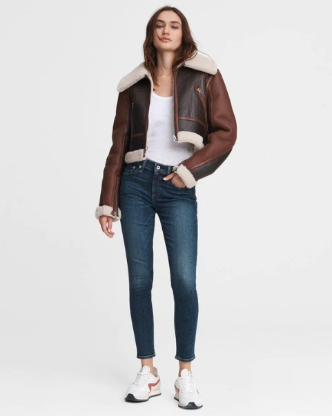 Women's Sheepskin Leather Jacket In Dark Brown With Oversized Collar