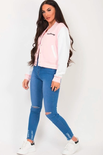 Women's Varsity Bomber Leather Jacket in Pink