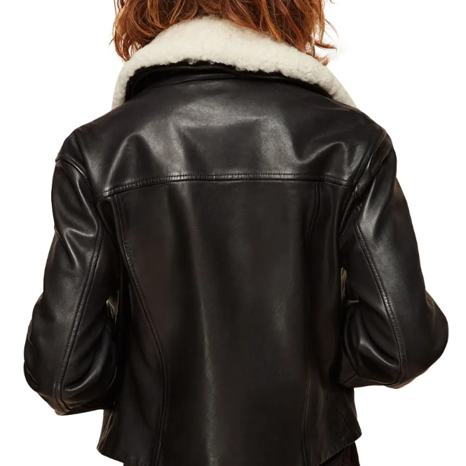 Women's White Sheepskin Fur Biker Leather Jacket In Black