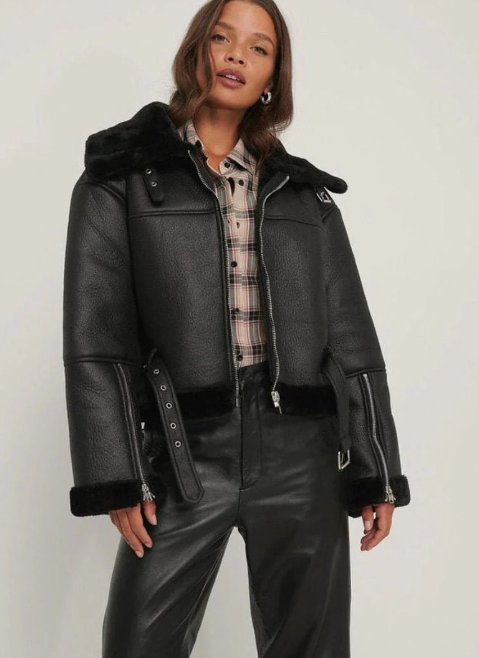 Women's Sheepskin Fur Bomber Leather Jacket In Black
