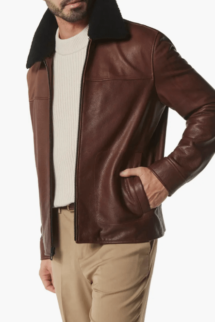 Men's Black Shearling Leather Jacket In Dark Brown