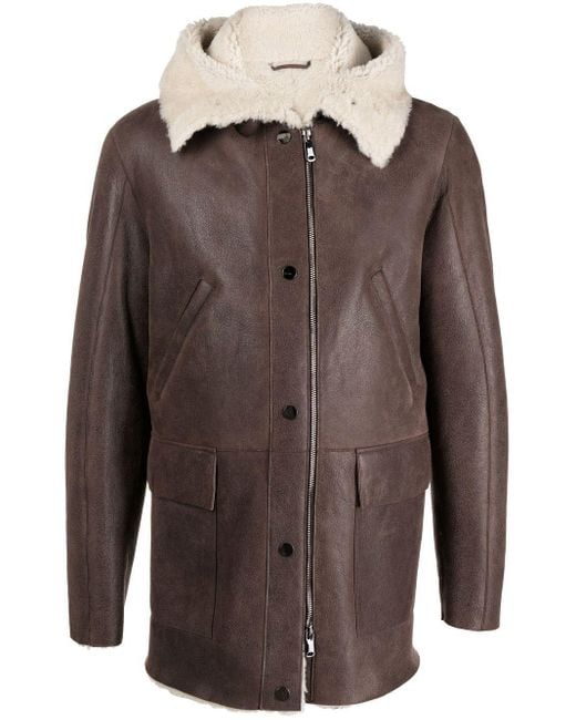 Men's Sheepskin Leather Jacket In Brown With Hood