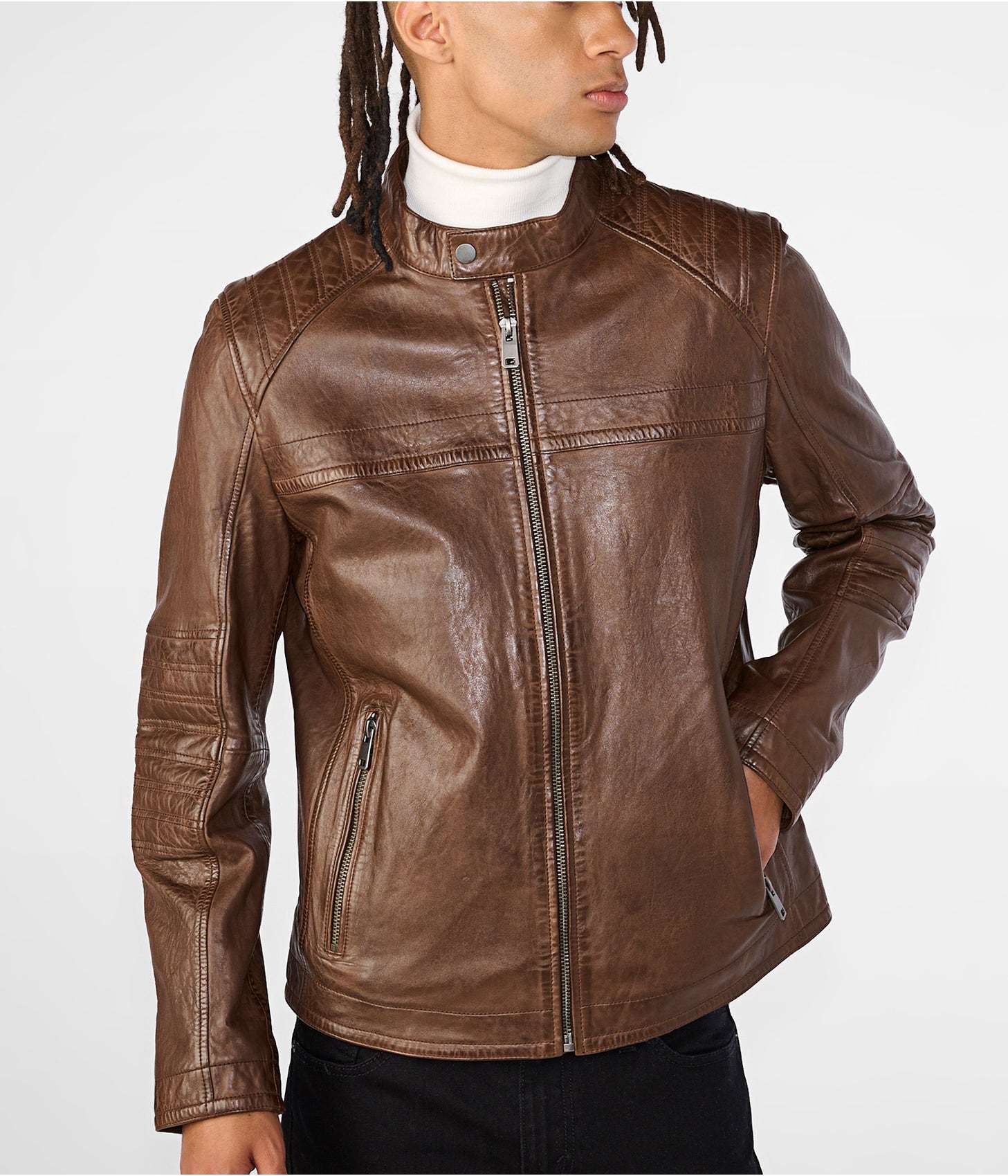 Men's Leather Cafe Racer Biker Jacket In Dark Brown