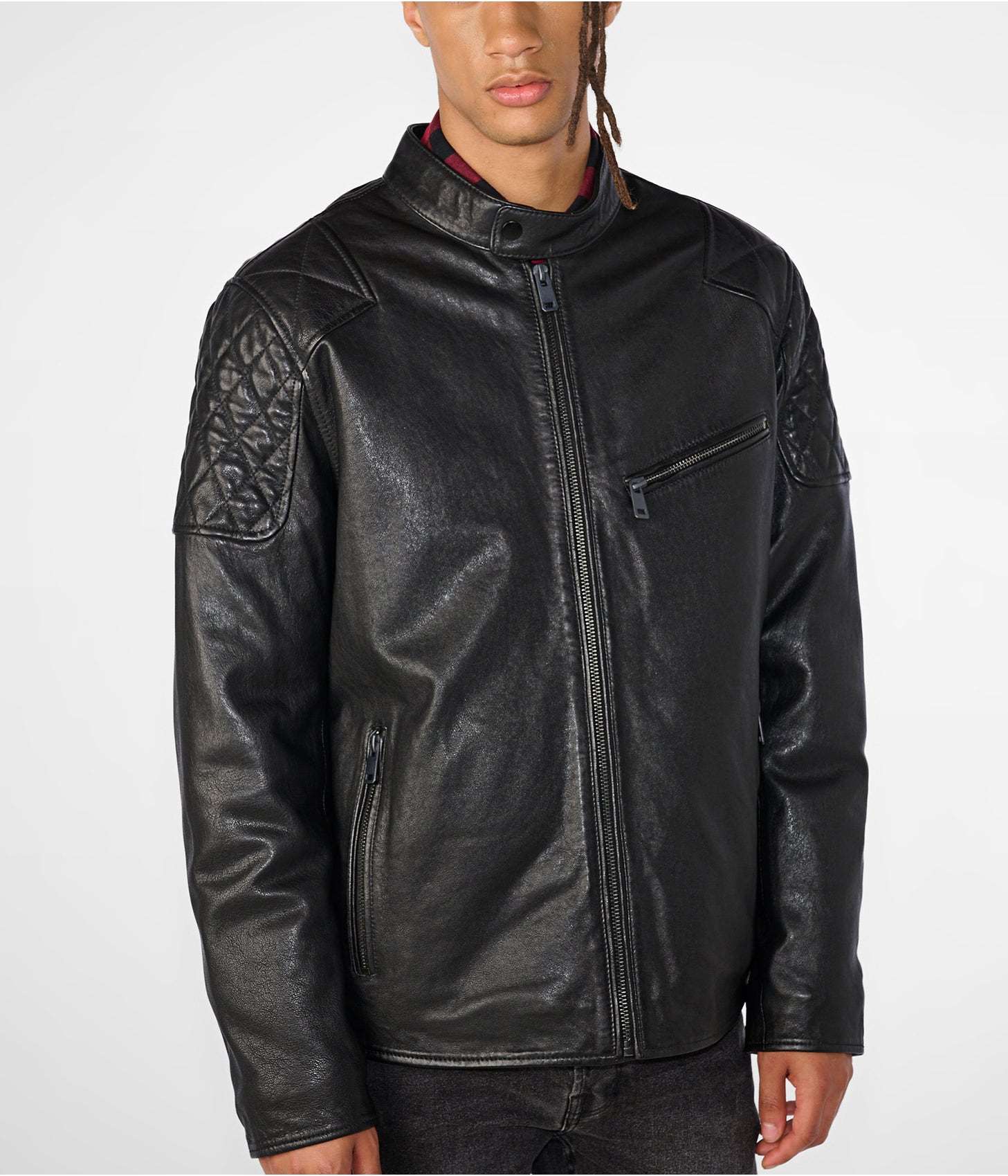 Men's Leather Jacket In Black With Quilted Shoulder