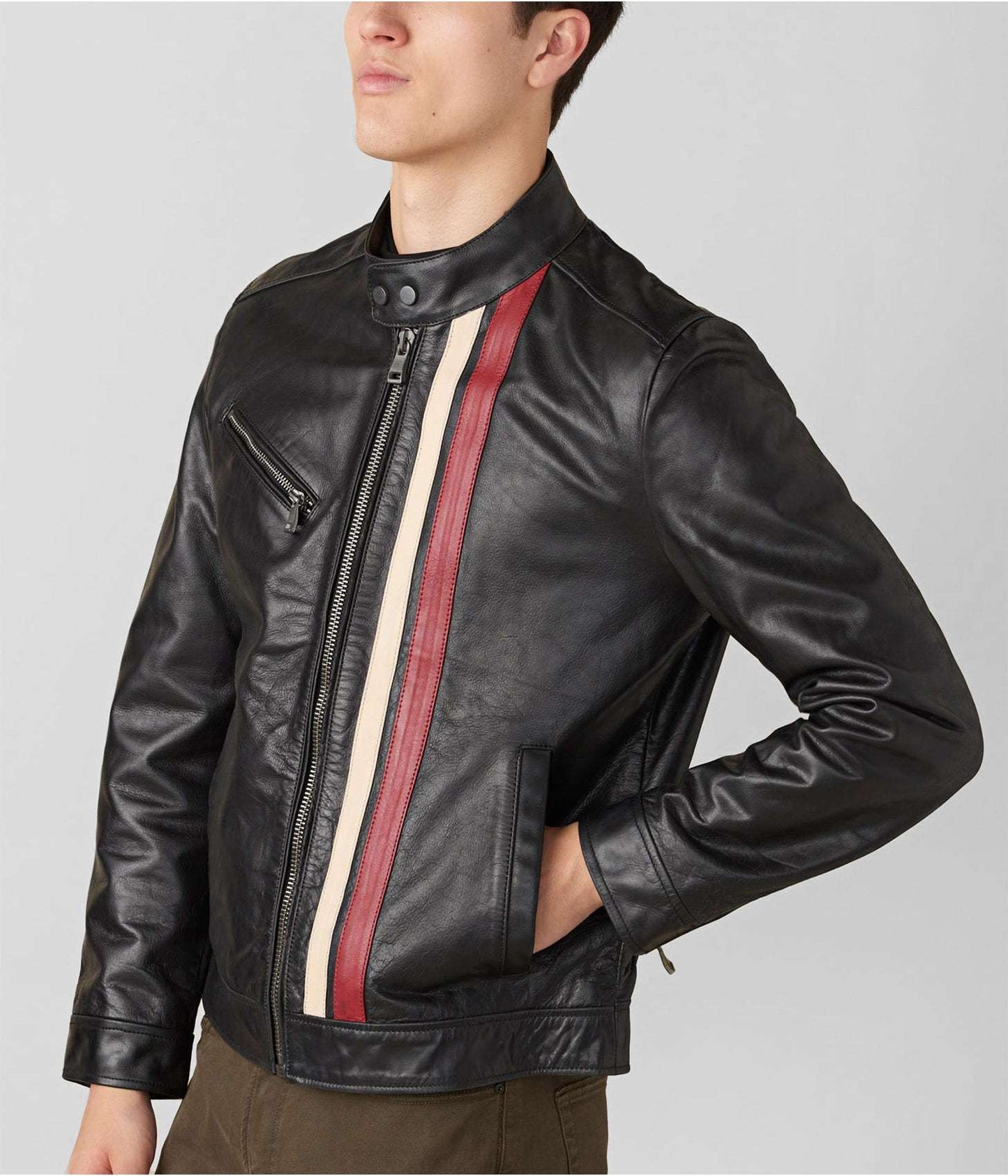 Men's Leather Moto Jacket In Black With Stripes On Front