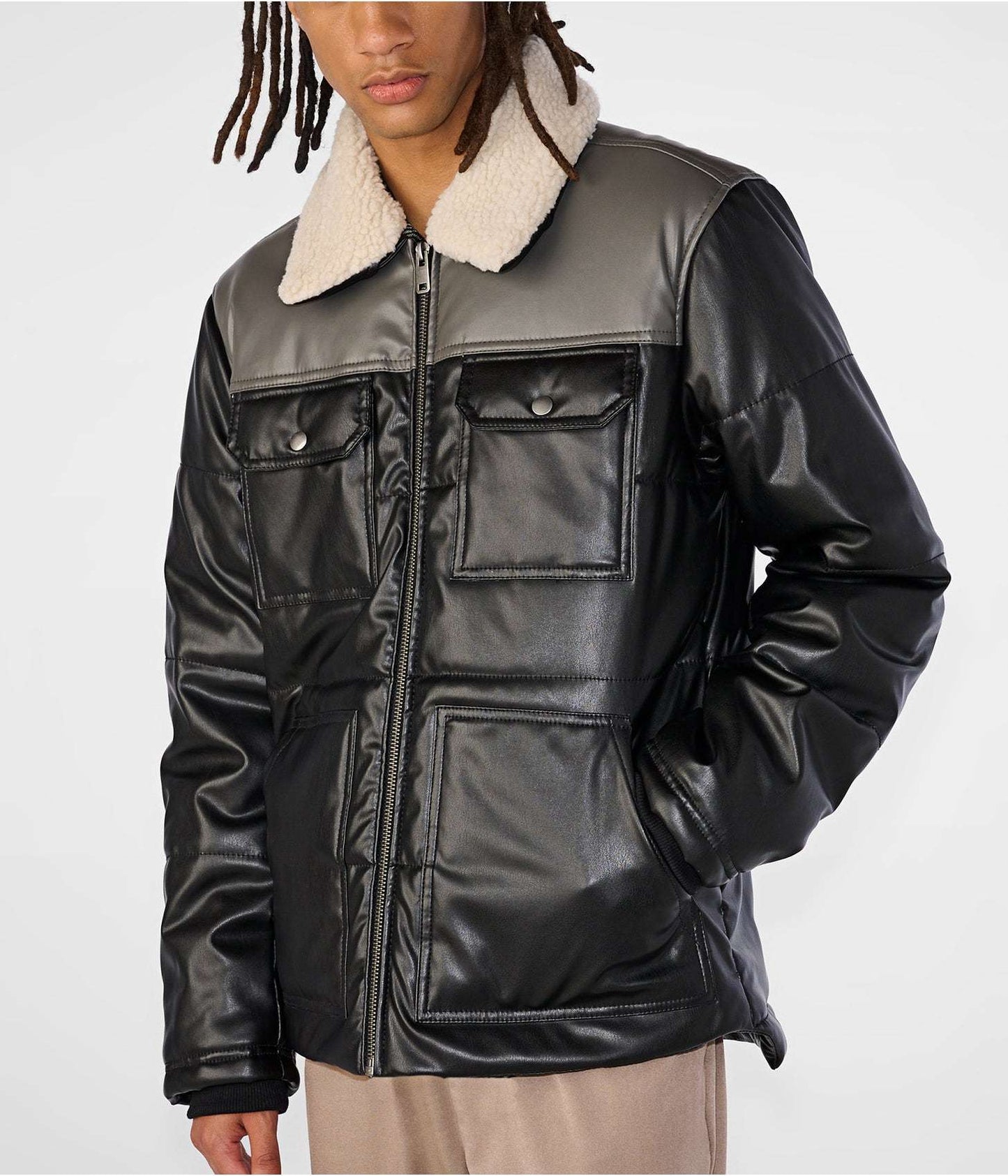 Men's Leather Puffer Jacket In Black With Removable Shearling Collar