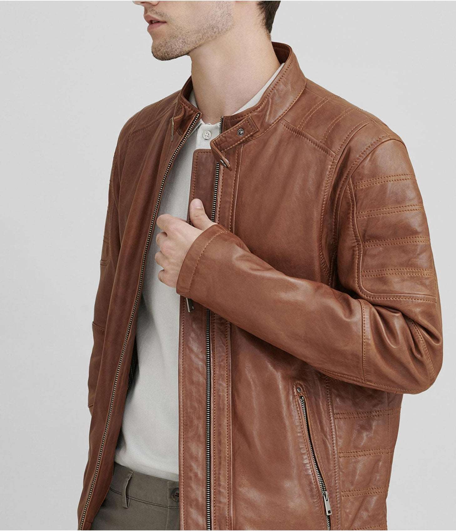 Men's Cafe Racer Leather Jacket In Brown