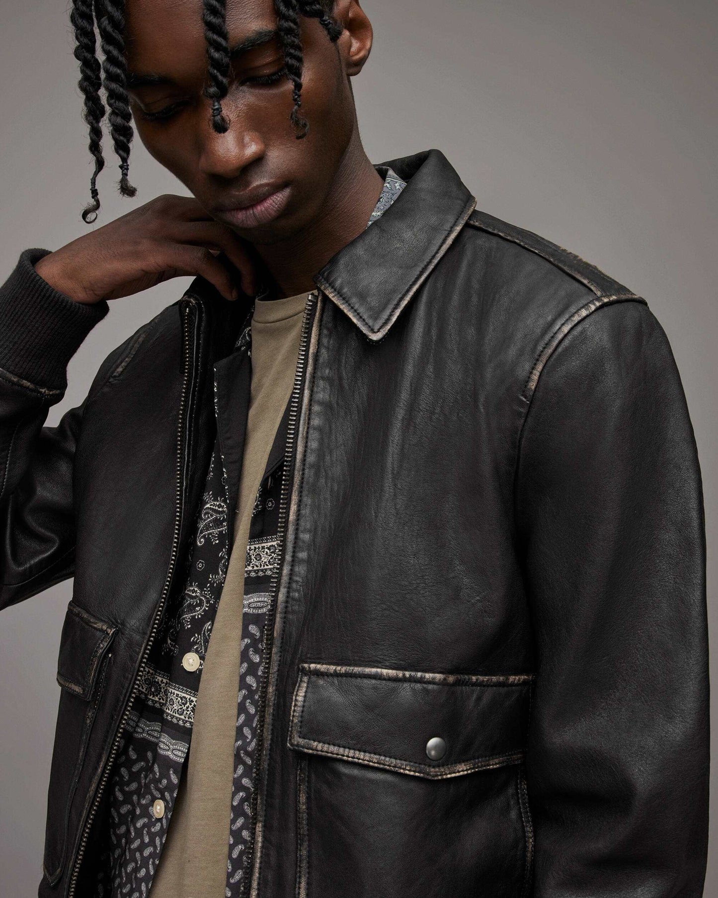 Men's Distressed Leather Bomber Harrington Jacket In Black