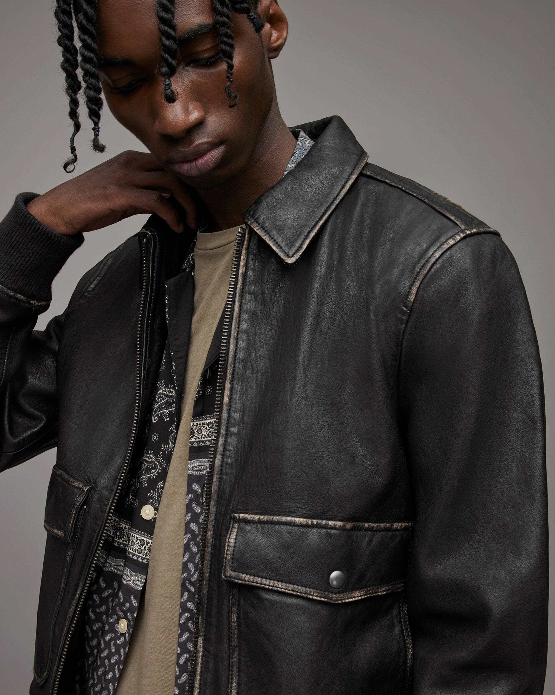 Men's Distressed Leather Bomber Harrington Jacket In Black