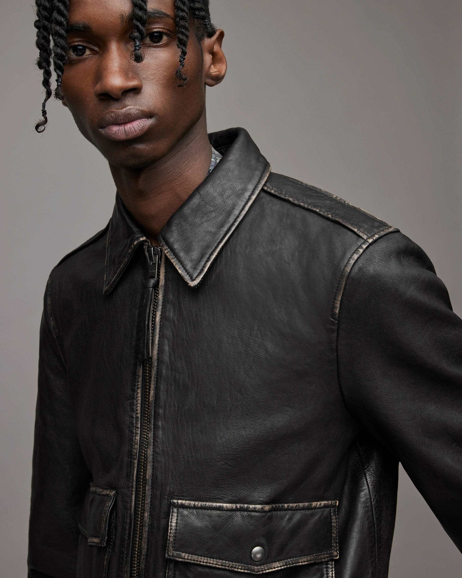 Men's Distressed Leather Bomber Harrington Jacket In Black