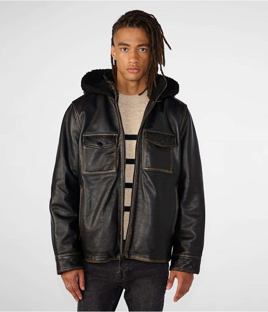 Men's Distressed Leather Harrington Shearling Jacket In Black