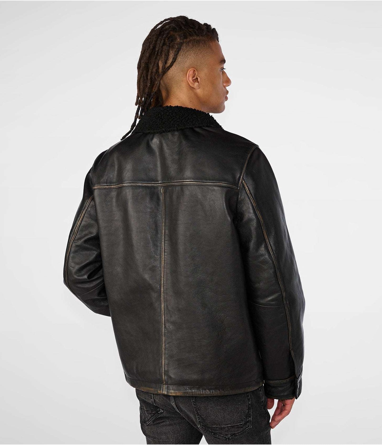 Men's Distressed Leather Harrington Shearling Jacket In Black