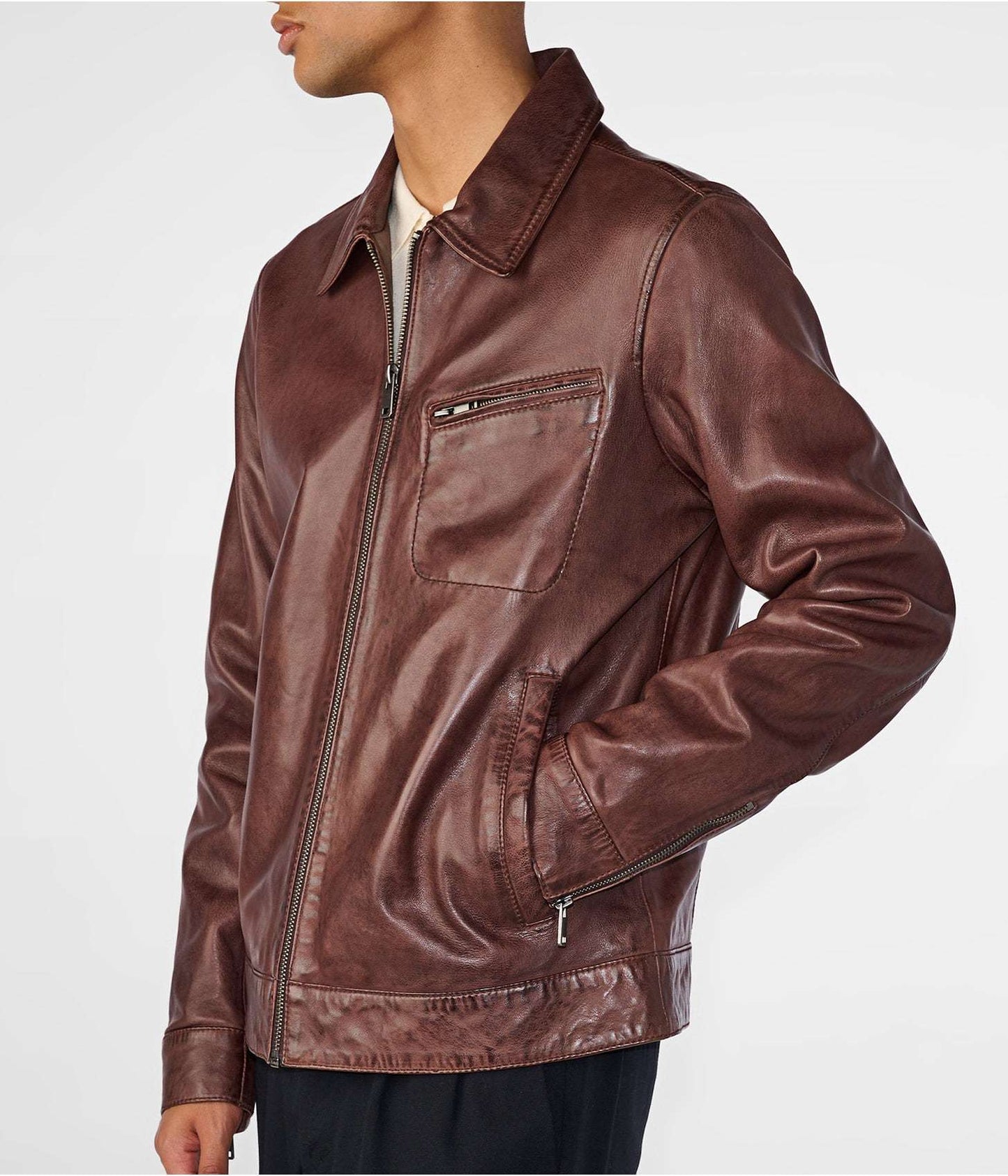 Men's Distressed Leather Jacket In Dark Brown