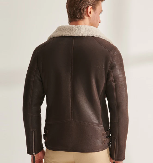 Men's Fur Shearling Biker Leather Jacket in Dark Brown