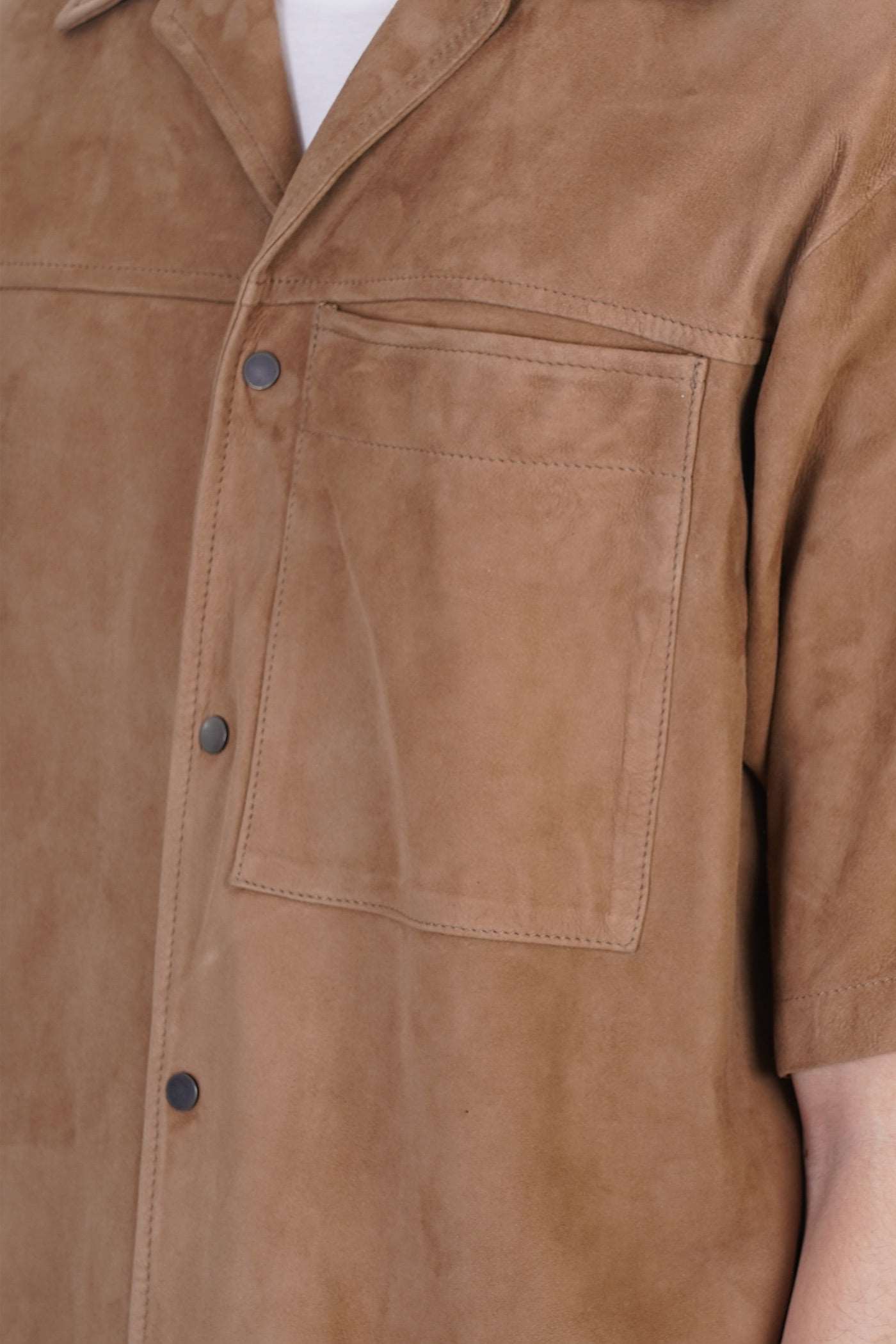 Men's Half Sleeve Suede Leather Shirt In Tan Brown