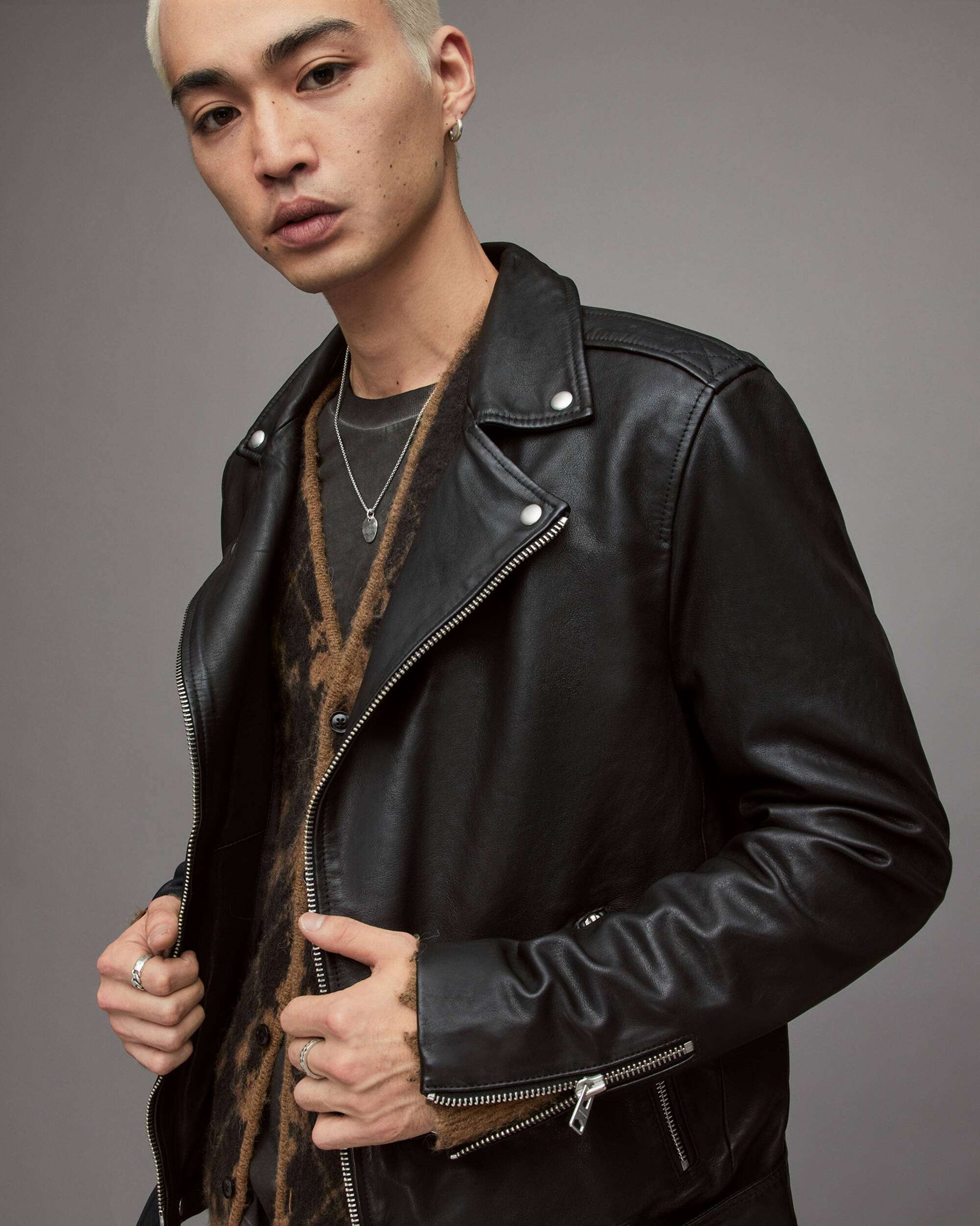 Men's Leather Biker Jacket In Black With Belt