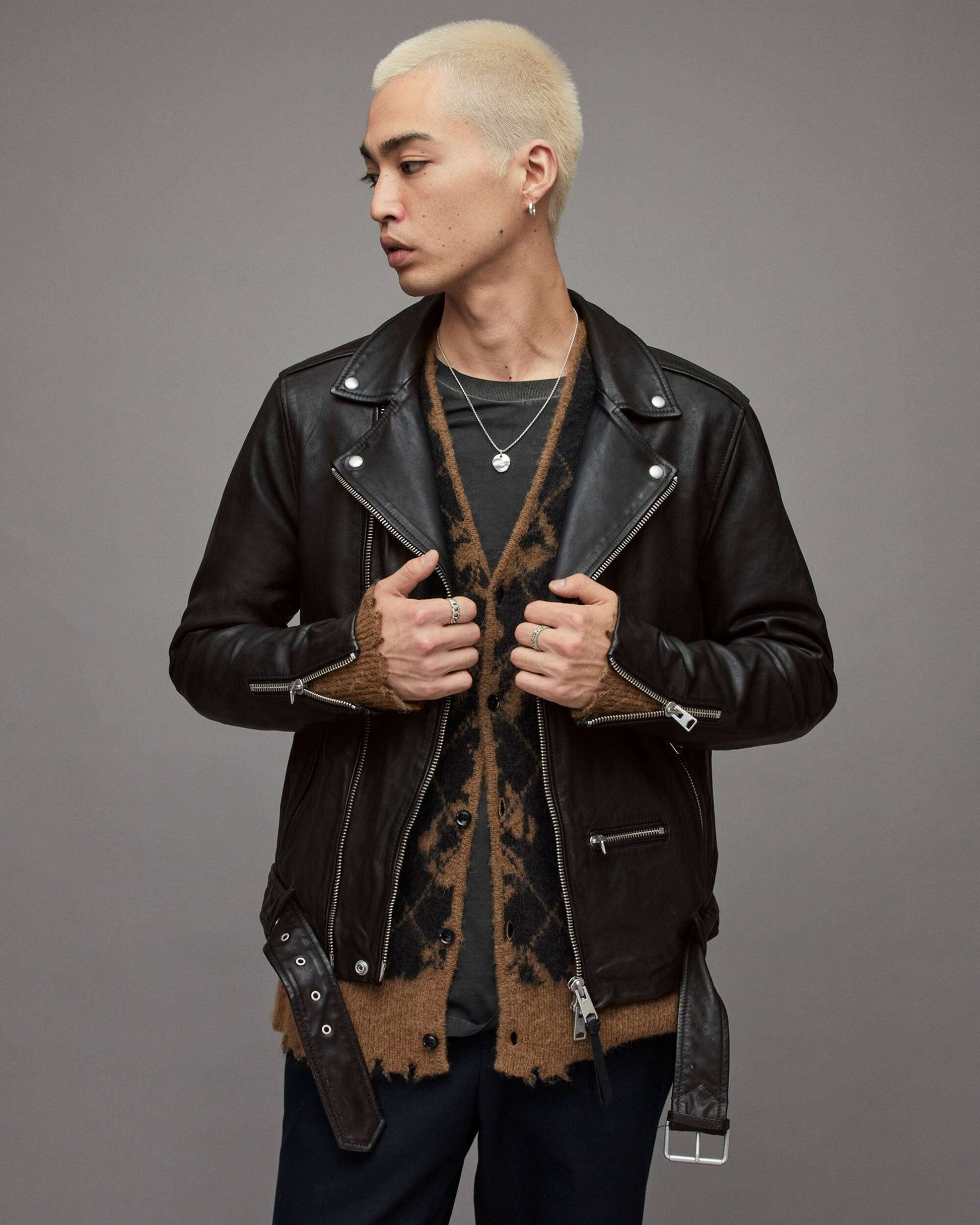 Men's Leather Biker Jacket In Black With Belt