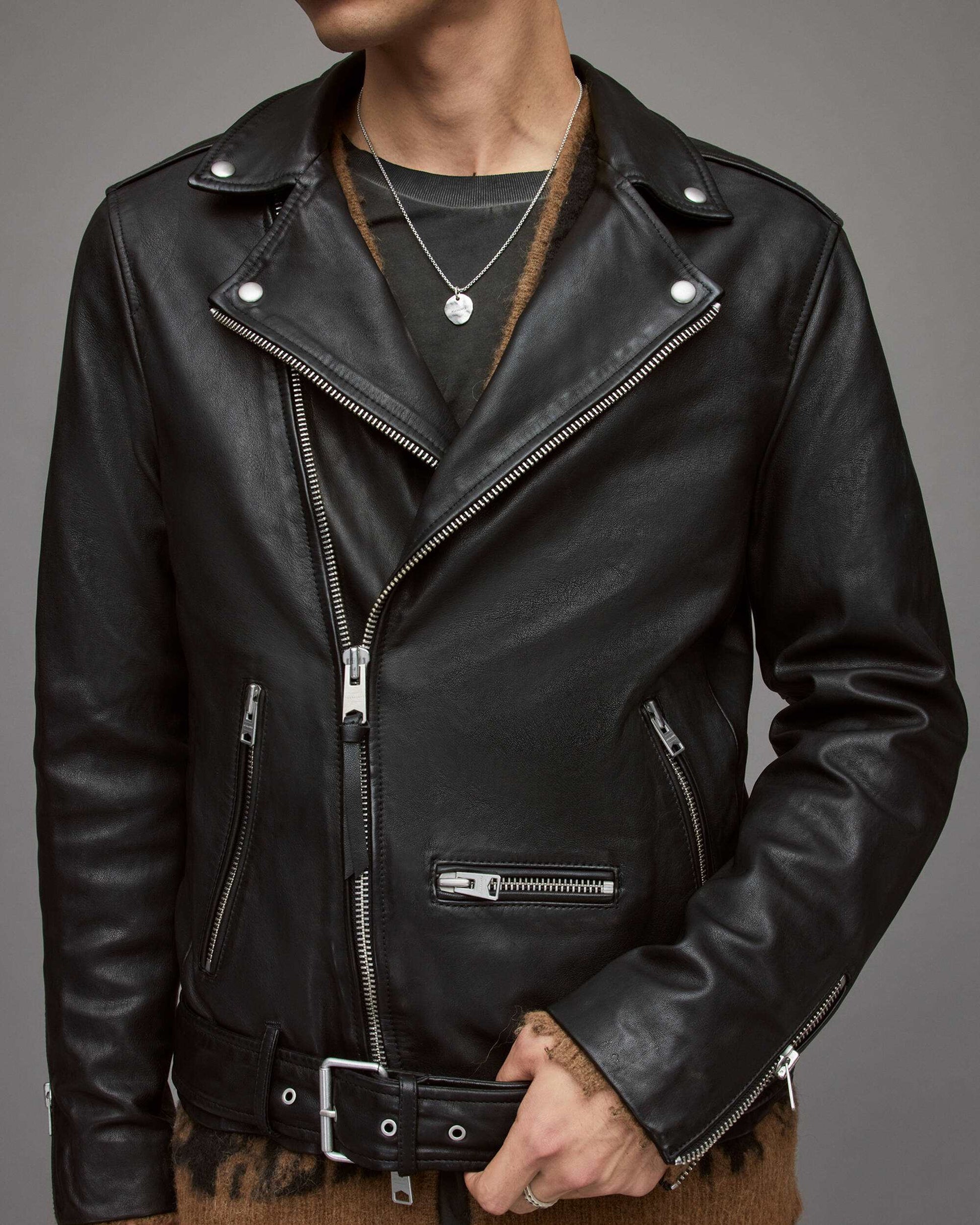 Men's Leather Biker Jacket In Black With Belt