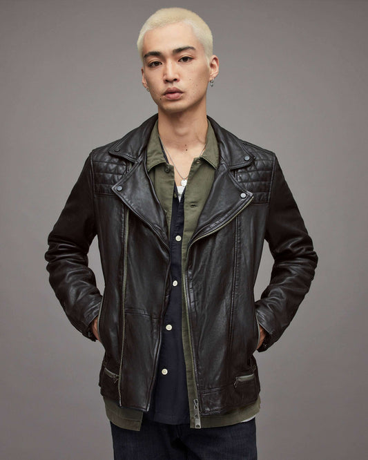 Men's Leather Biker Jacket In Black With Quilted Shoulders