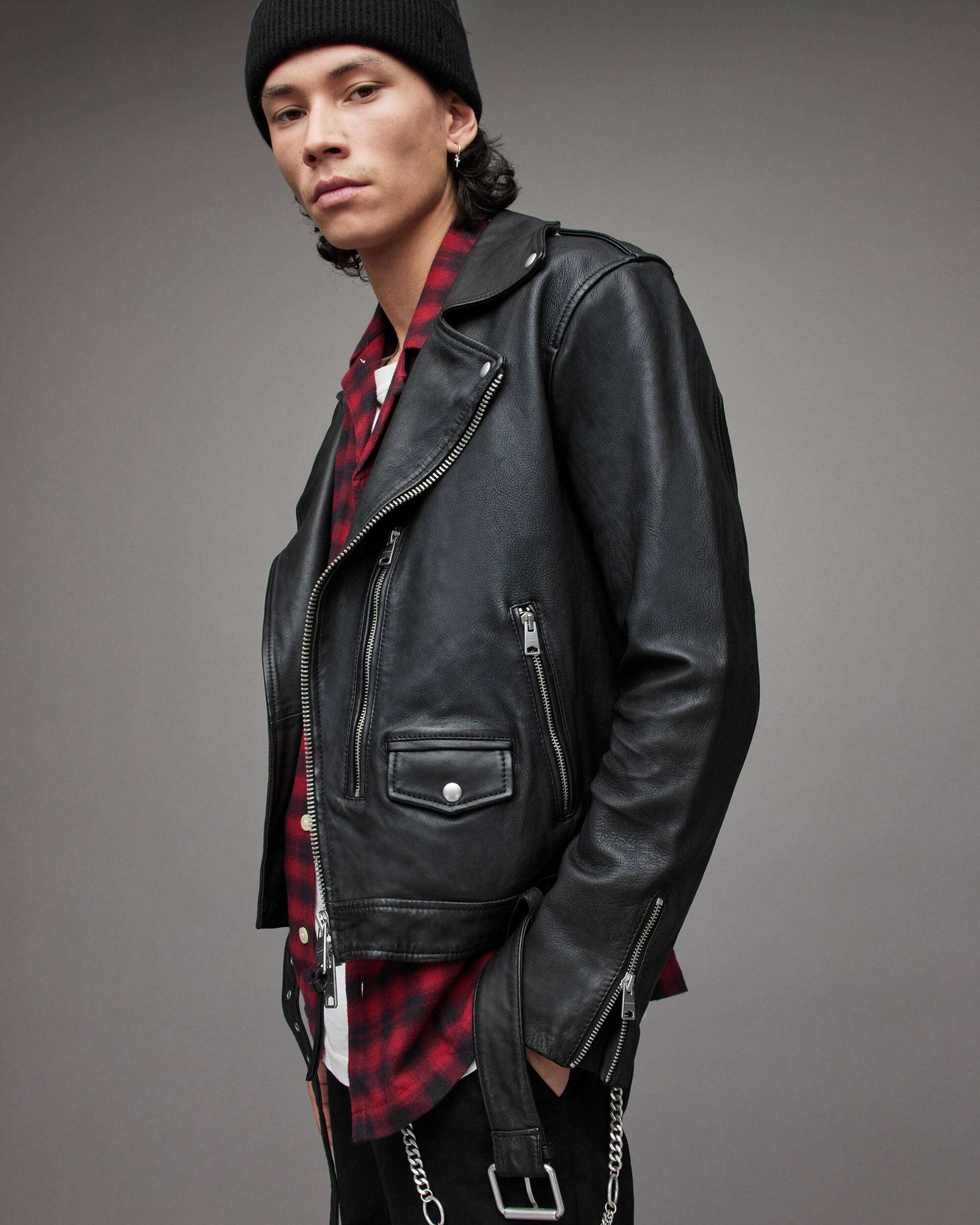 Men's Leather Biker Jacket In Black With Shoulder Trap