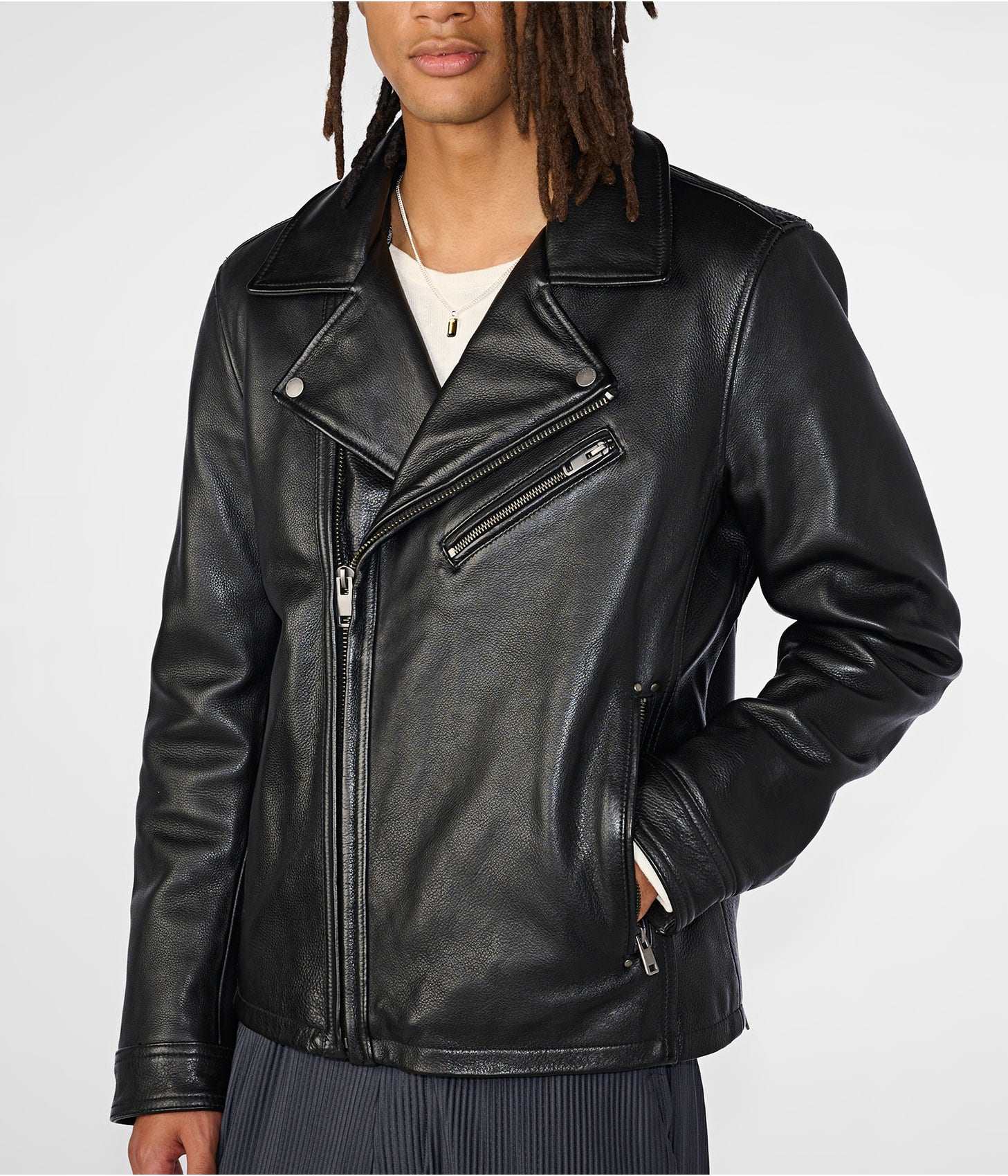 Men's Leather Biker Jacket In Classic Black