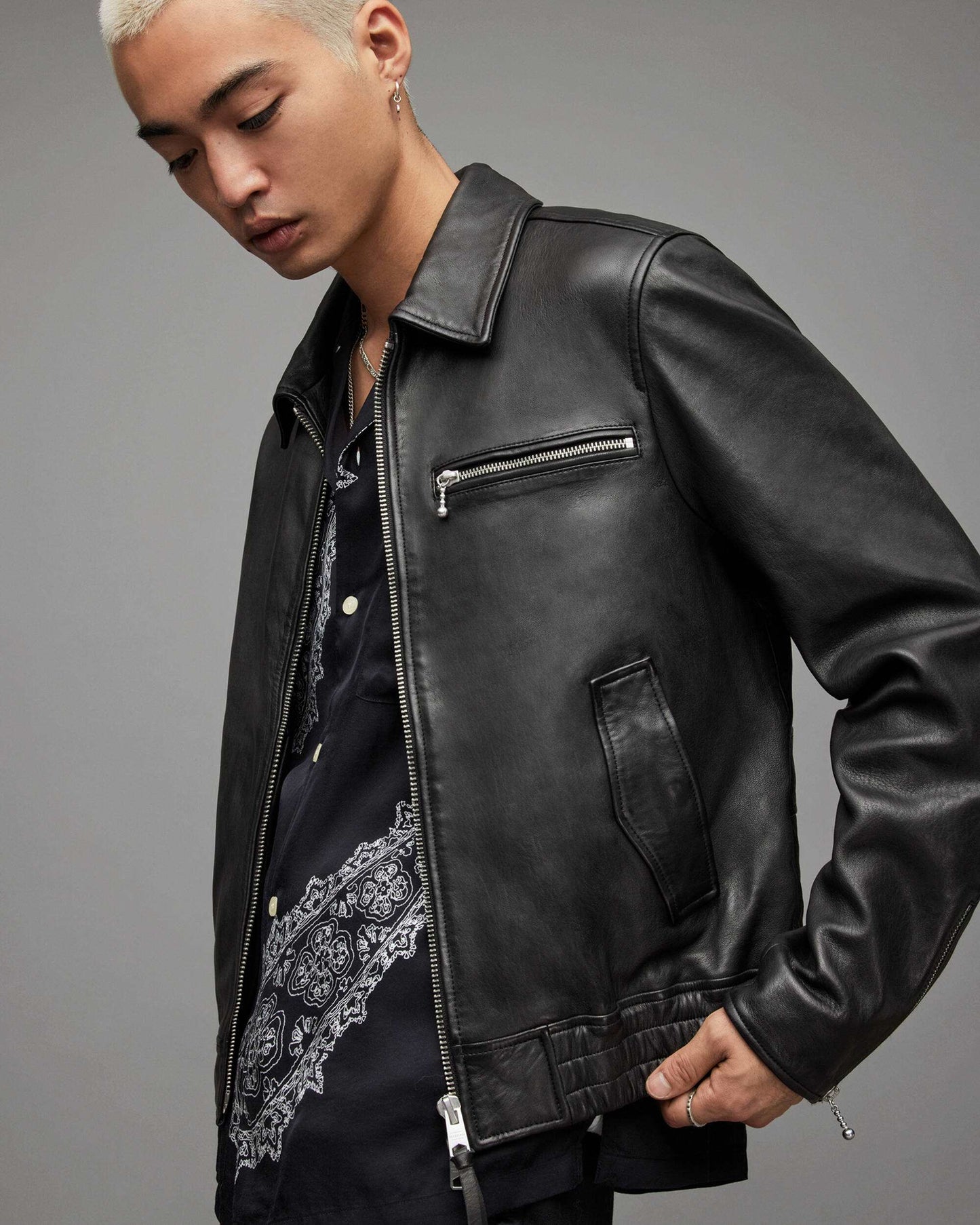 Men's Leather Bomber Harrington Jacket In Black